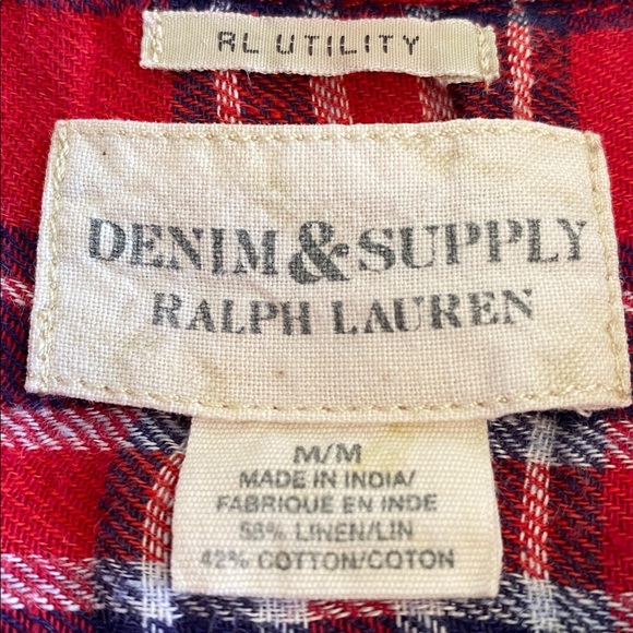 Ralph Lauren RL Utility linen cotton blend plaid shirt button front tunic hem M - Picture 4 of 12